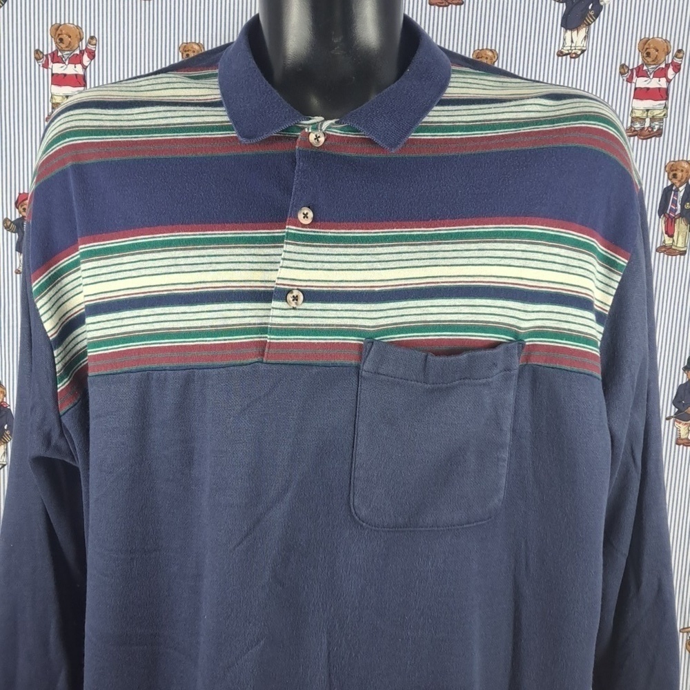 Vintage Scandia Woods navy blue & multicolor stripes 3XL long-sleeved shirt